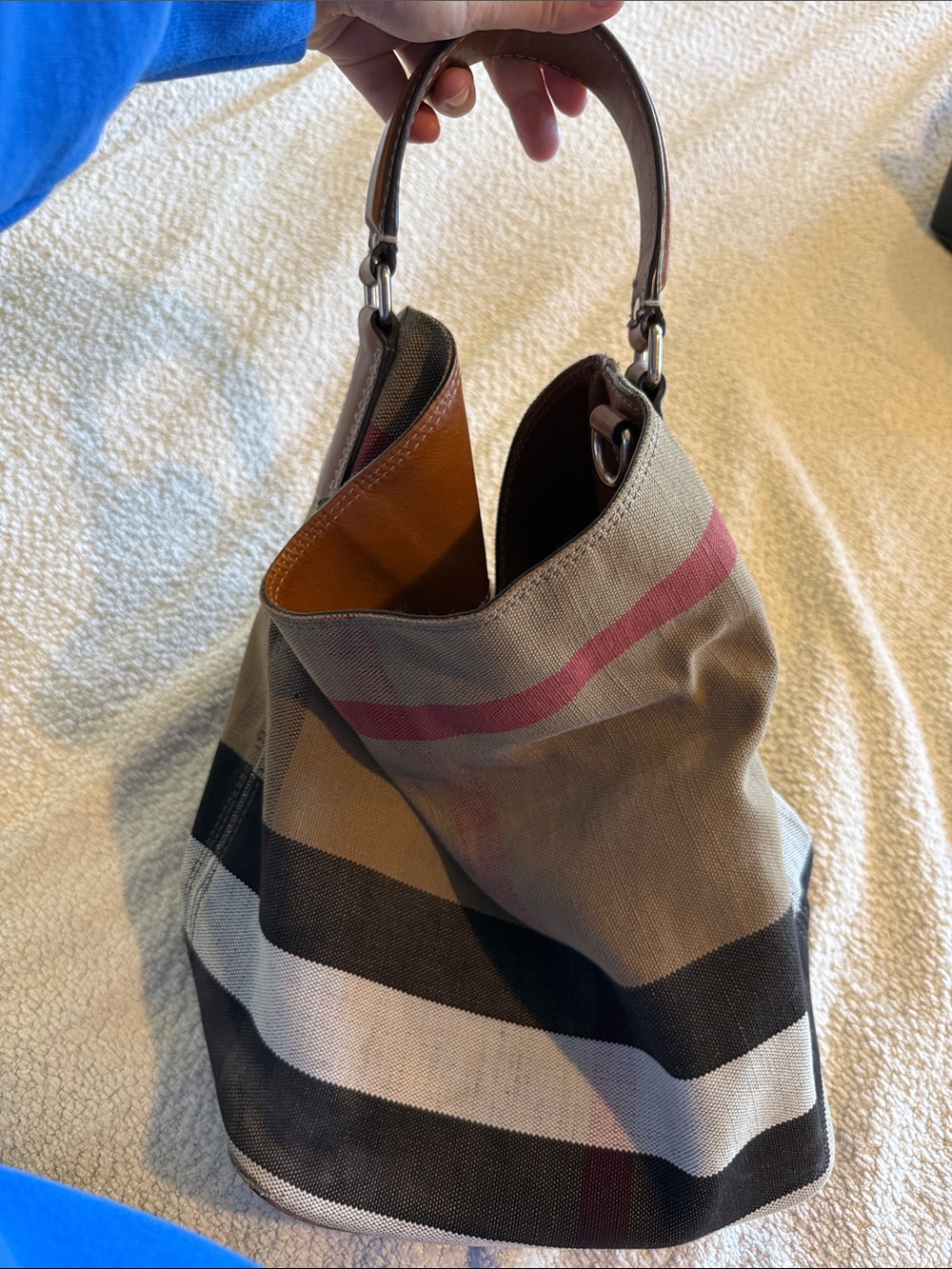 Authentic Burberry Ashby Striped Canvas Shoulder Bag in Beige and Brown